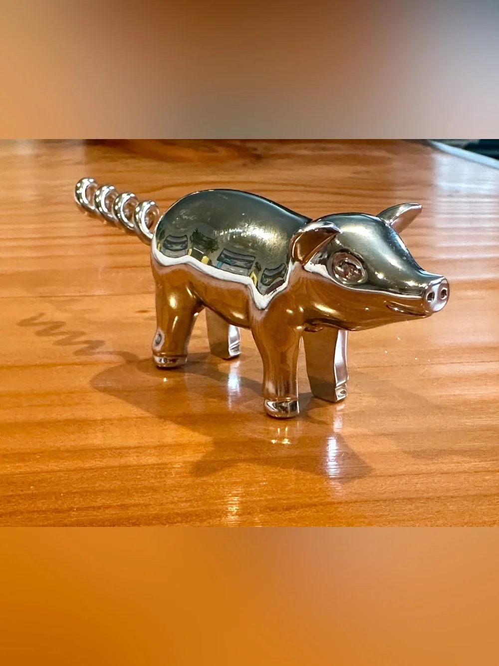 Chrome Silver Metal Figural Pig Wine Bottle Opener Tail Corkscrew Barware - Cute